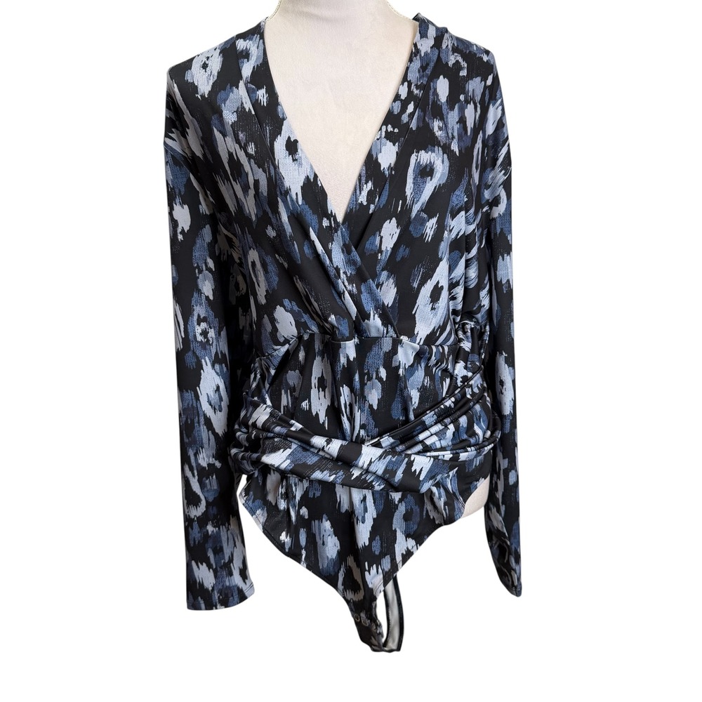 Nina Parker‎ Women 3X Blue Abstract Animal Print Long Sleeve Wrap Bodysuit